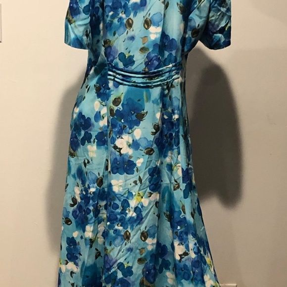 Vtg 90s Blue Floral Collared Short Sleeve Button Midi Tea Day Dress~Leslie Fay - Picture 5 of 10
